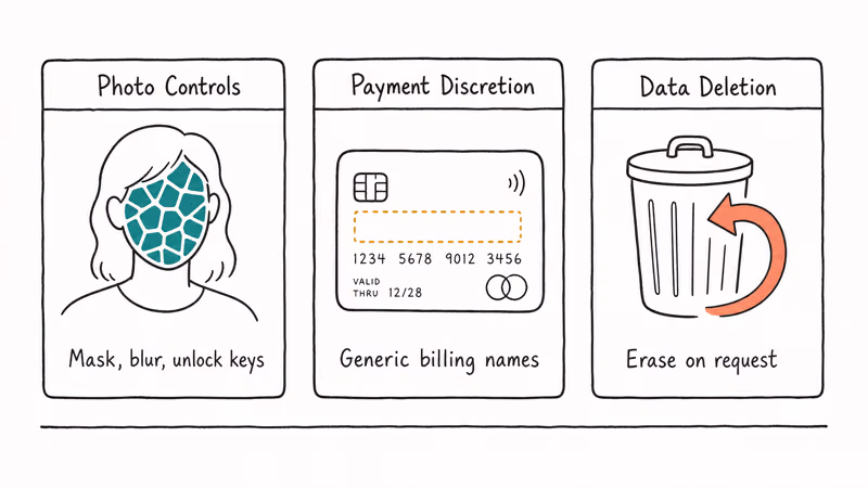 Three hand-drawn cards illustrating photo controls, payment discretion, and data deletion privacy categories.