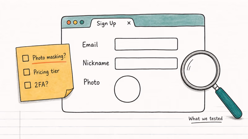 Hand-drawn browser window with signup form fields and notes tracking privacy and pricing test items.