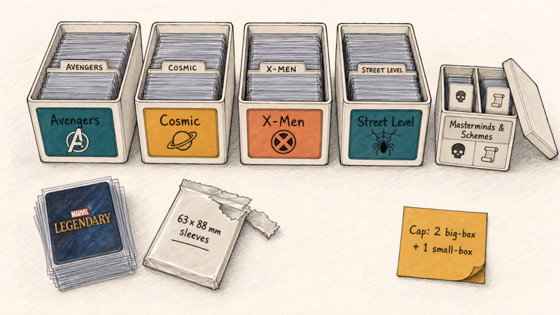 Labeled storage bins sorting Marvel Legendary cards by faction