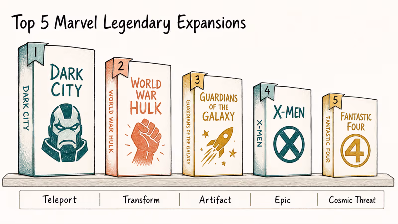 Five Marvel Legendary expansion boxes ranked with silhouette emblems