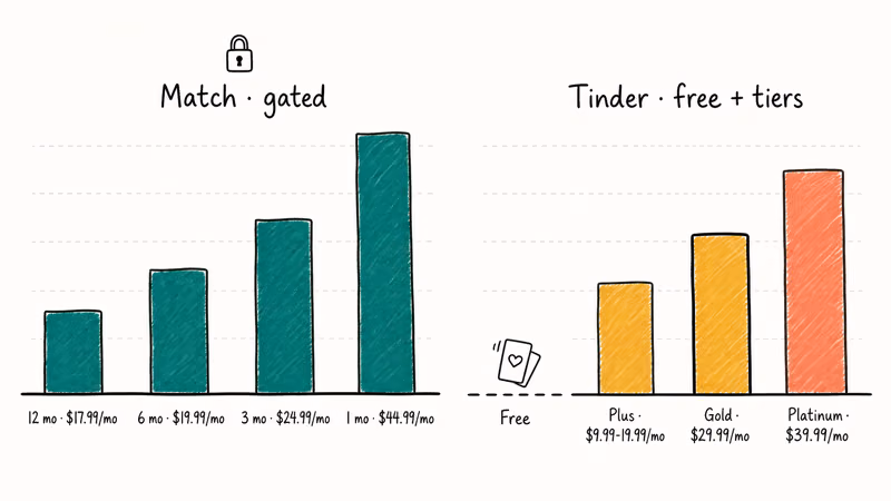 Infographic comparing Match monthly subscription tiers against Tinder free Plus Gold Platinum pricing levels
