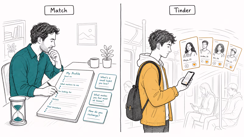 Two split user personas comparing reflective Match profile filling against fast Tinder swiping