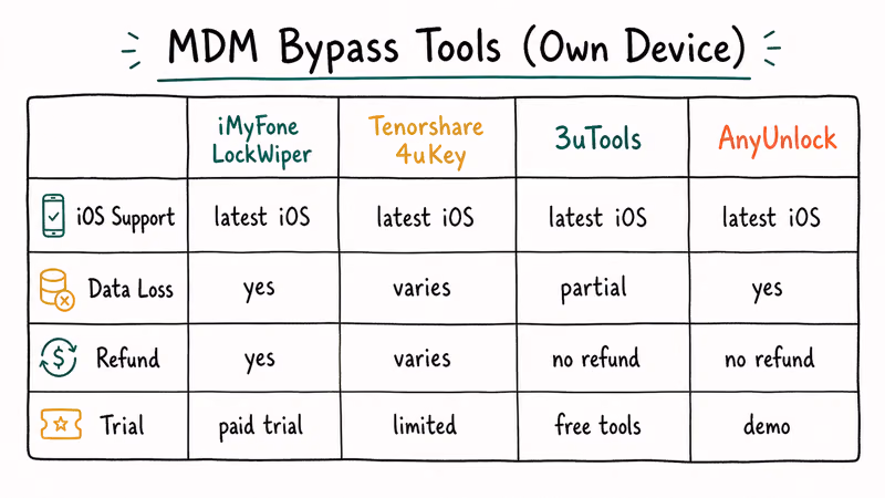 Four-column MDM bypass tool table comparing LockWiper 4uKey 3uTools AnyUnlock across support data loss refund