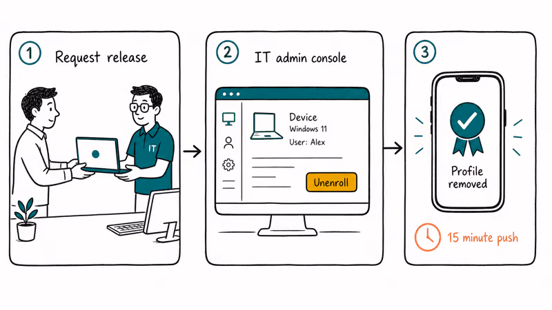 Three-panel flow requesting IT unenroll device through admin console resulting in MDM profile removed