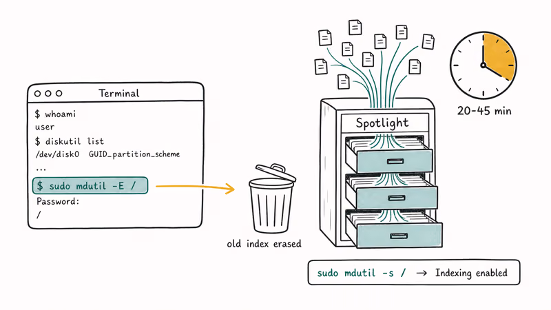 Terminal mdutil rebuild command with Spotlight index timeline under 45 minutes.