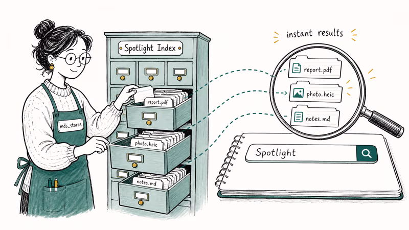 Hand-drawn librarian as mds_stores filing tagged file cards into a Spotlight index cabinet.