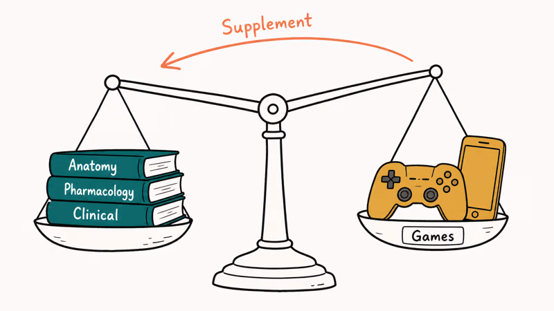 Medical textbooks outweigh a game controller on an education balance scale.