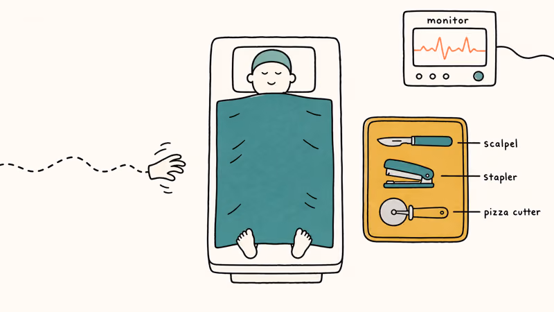 Operating table with mismatched tools and wobbly hands for clumsy surgery gameplay.