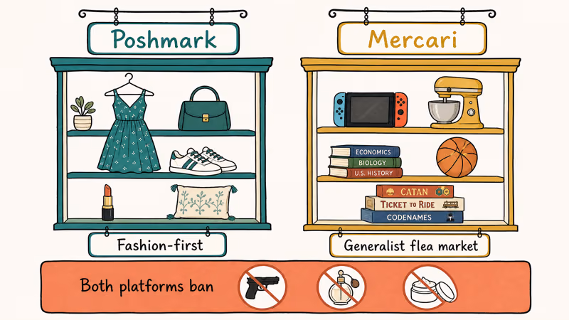 Two shop windows showing Poshmark fashion goods versus Mercari electronics and household categories.