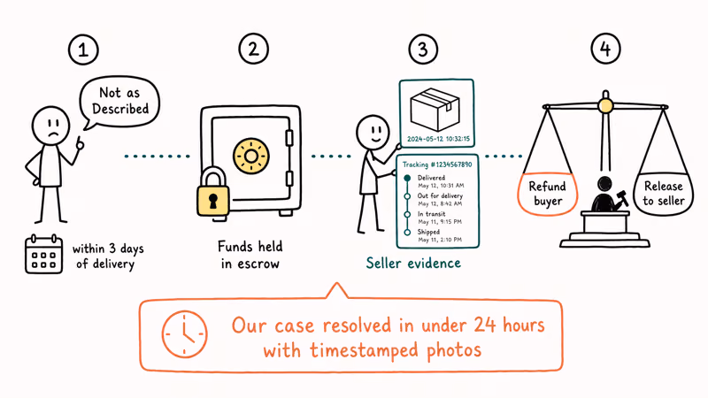 Dispute timeline showing buyer claim, escrow hold, seller evidence, and platform decision on resale apps.