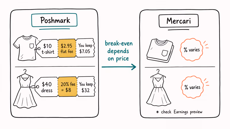 Hand-drawn comparison of Mercari and Poshmark seller fees on cheap and pricey items.