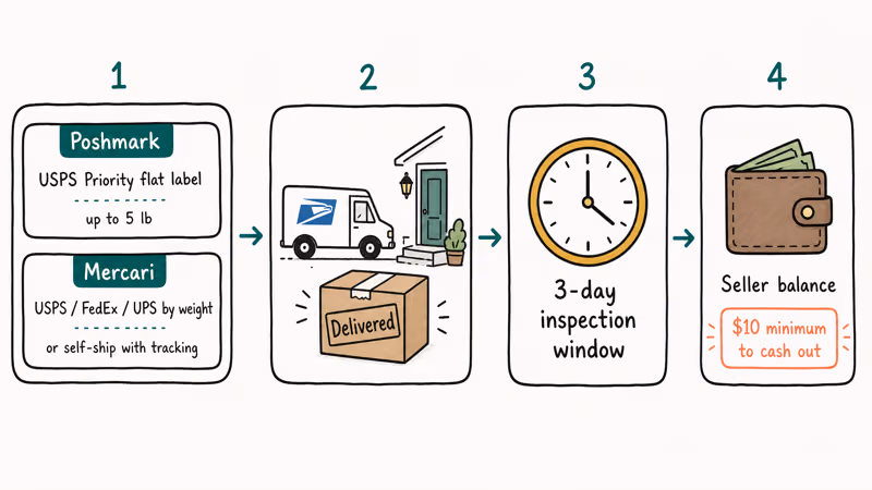 Flowchart showing shipping options, three-day inspection window, and seller payout balance for both apps.