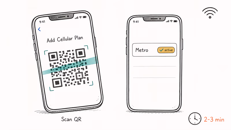Hand-drawn phone scanning a Metro eSIM QR code with profile installing on screen