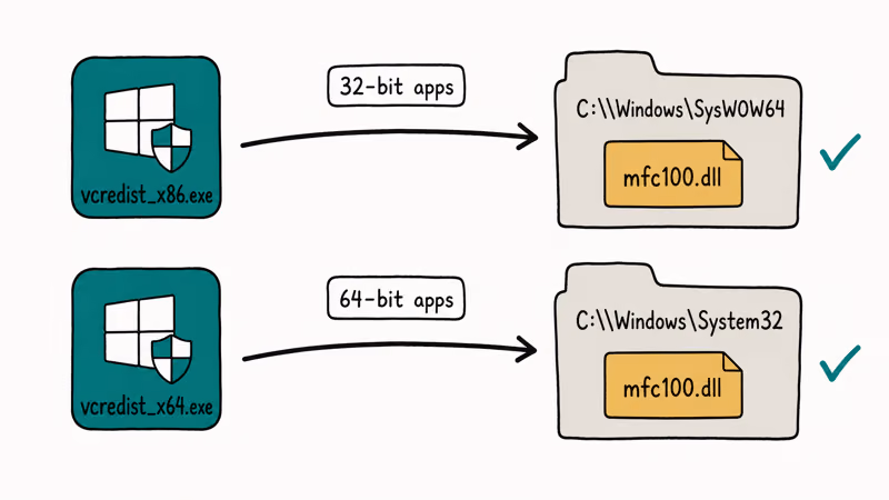 Hand-drawn diagram showing x86 and x64 Visual C++ redistributables installing into separate Windows folders.