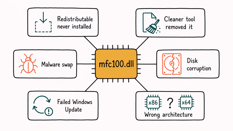 Hand-drawn infographic listing six common causes of the mfc100.dll missing error on Windows.