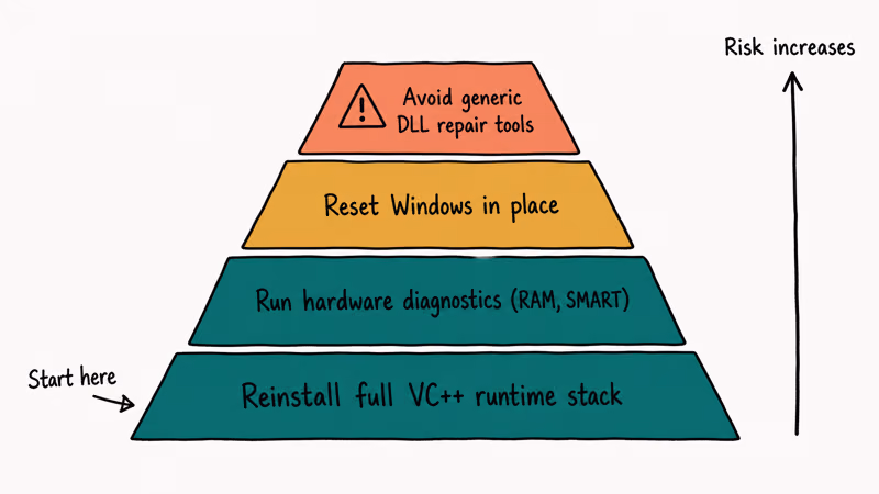 Hand-drawn escalation pyramid for advanced mfc100.dll troubleshooting beyond standard fixes.