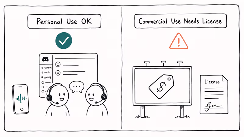 Hand-drawn split illustration contrasting personal Discord fun with commercial use requiring a Disney license.
