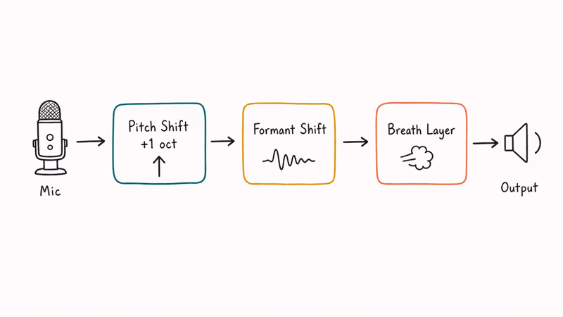 Hand-drawn diagram of microphone signal passing through pitch shift, formant shift, and breath layer stages.