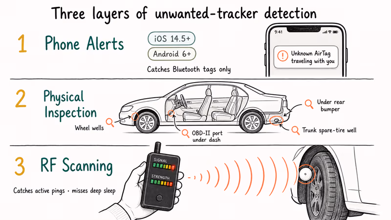 Detection layers showing phone alert, car inspection, and RF scanner