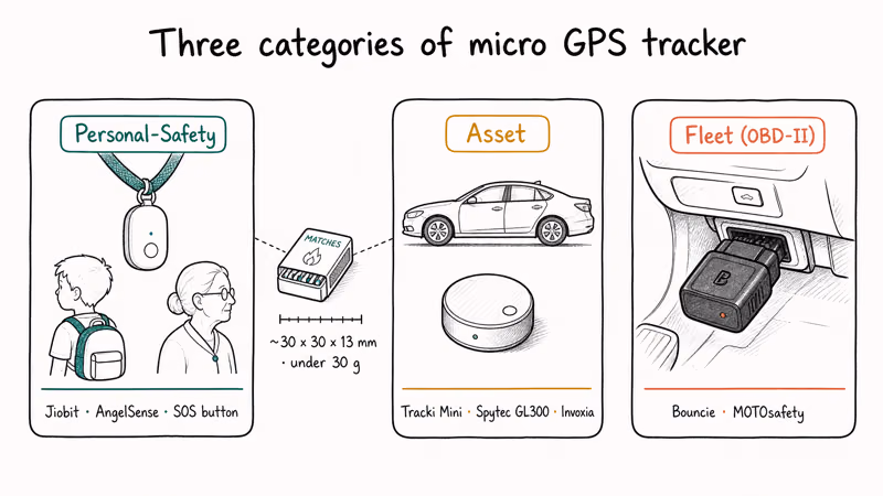 Hand-drawn comparison of personal-safety, asset, and fleet GPS tracker categories with matchbox size reference