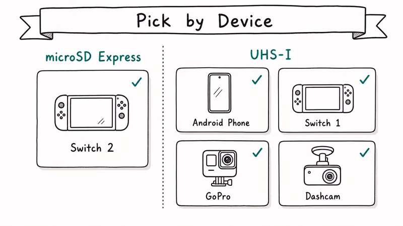 Hand-drawn two-column device map showing Switch 2 on Express and phones cameras Switch 1 on UHS-I.