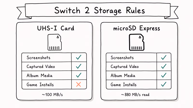 Hand-drawn comparison of Switch 2 card permissions showing UHS-I media-only versus Express games allowed.