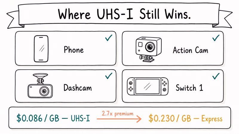 Hand-drawn grid of phones cameras dashcams and Switch 1 where UHS-I beats Express on cost.