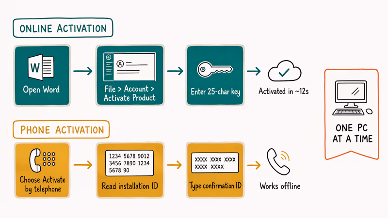 Office 2013 online and phone activation flows compared step by step.