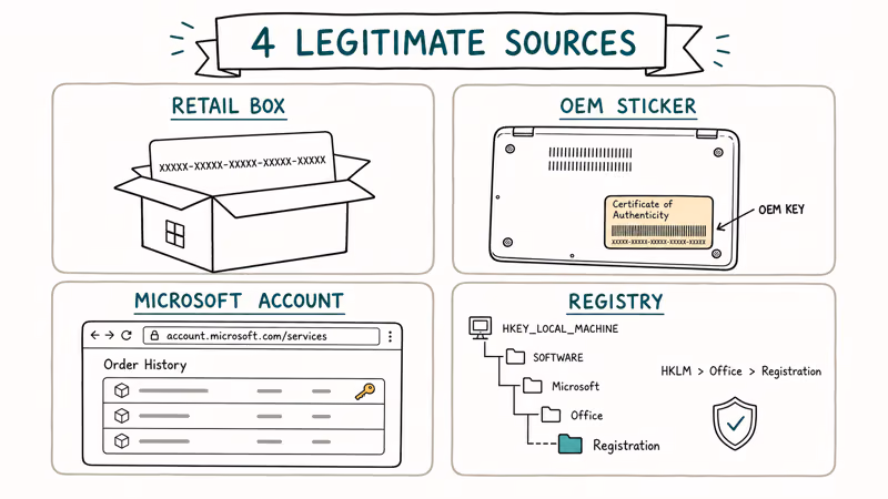 Four legitimate locations to recover an Office 2013 product key shown side by side.