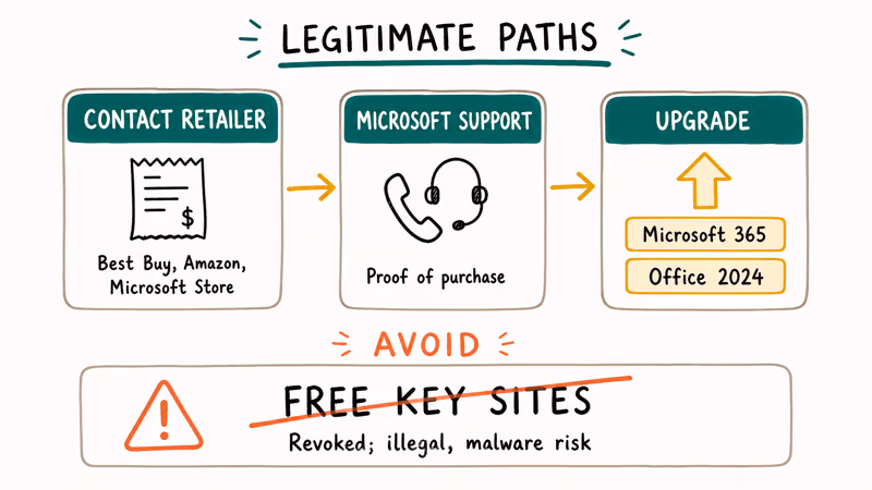 Three fallback paths to recover a lost Office 2013 key with free key sites blocked.
