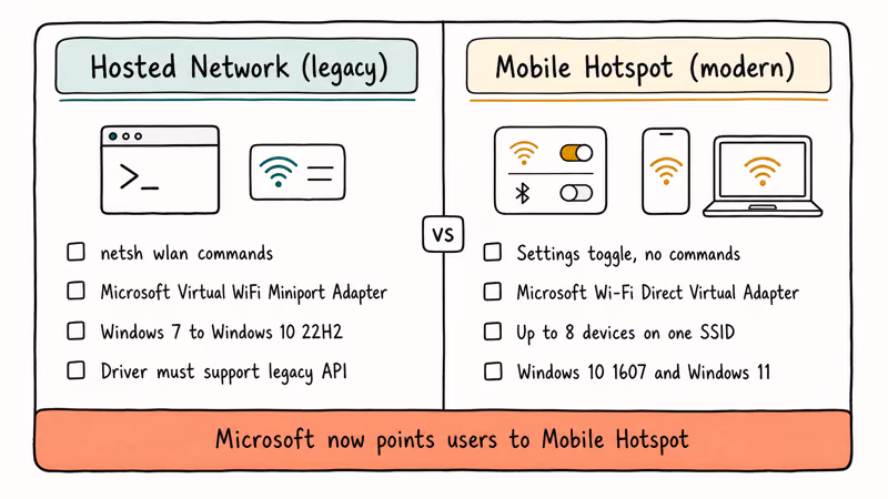 Side-by-side comparison of legacy Hosted Network and modern Mobile Hotspot on Windows 10 and 11.