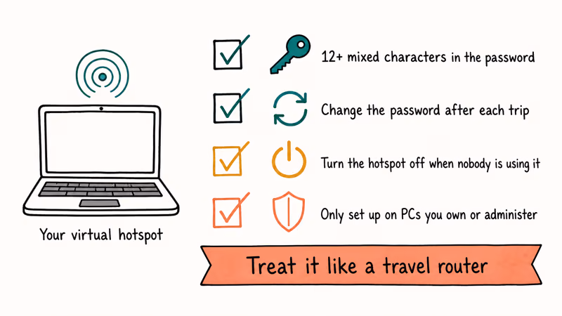 Four security habits for Windows virtual hotspots, including password and shutdown reminder.