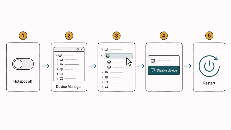 Five-step flow showing how to disable Wi-Fi Direct Virtual Adapter in Windows Device Manager.