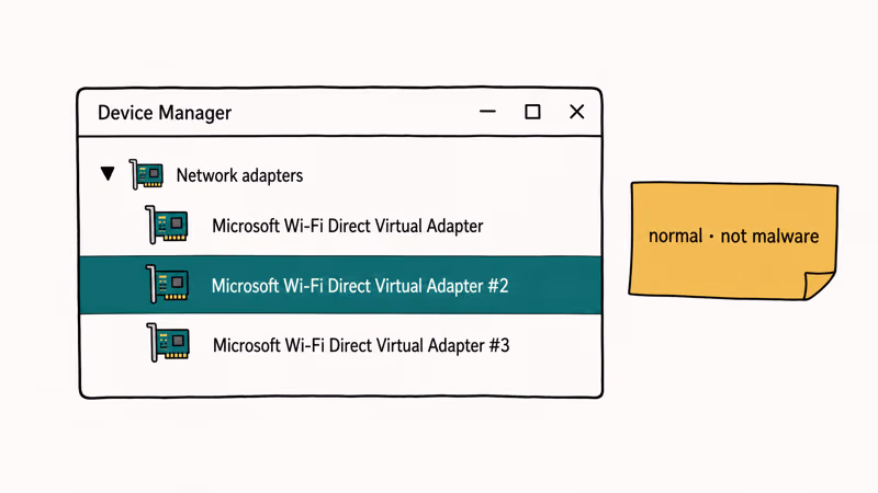 Device Manager pane listing three numbered Microsoft Wi-Fi Direct Virtual Adapter entries stacked.