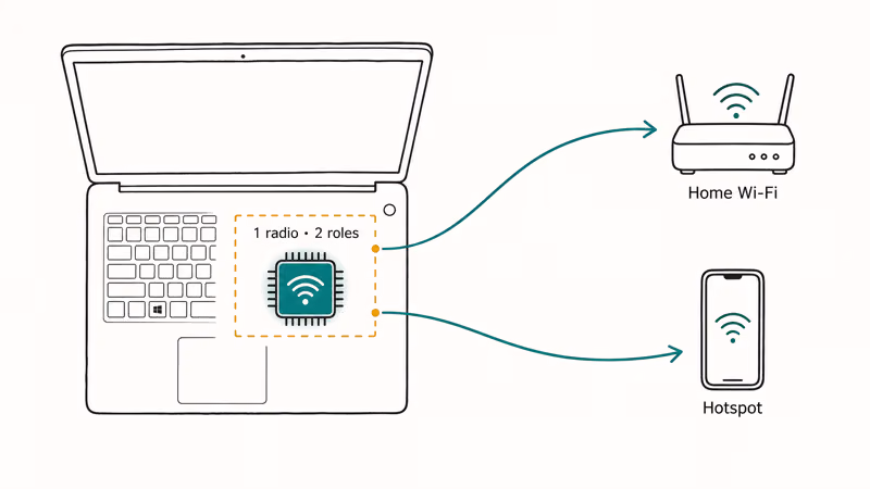 Diagram of one Windows Wi-Fi card splitting into home router link and hotspot session.