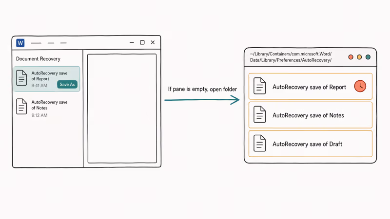 Illustration of Word Document Recovery pane and Mac AutoRecovery folder with timestamped files