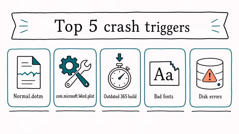 Hand-drawn infographic of five common triggers that crash Microsoft Word on Mac