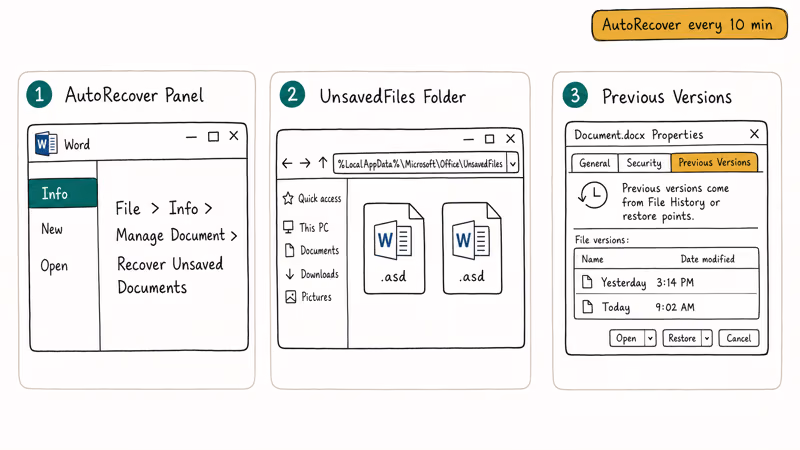 Three side-by-side panels showing where Word saves recoverable drafts after a freeze.