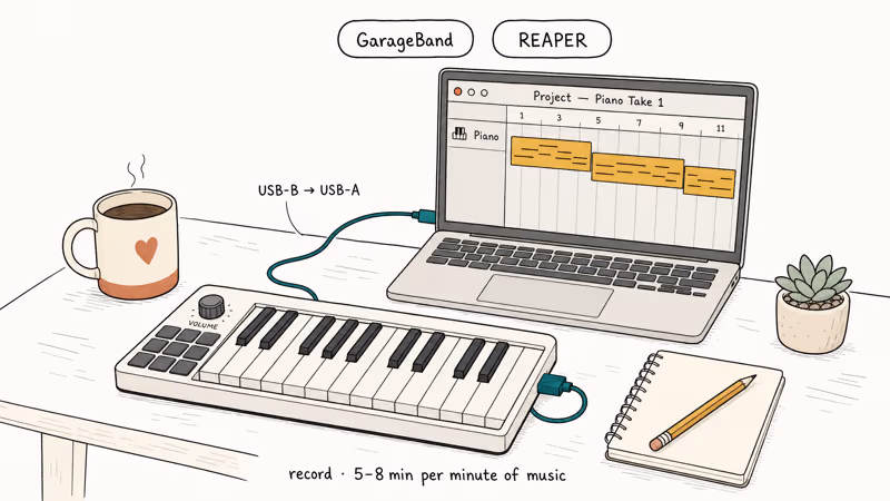 Illustration of USB-MIDI keyboard connected to laptop running GarageBand or REAPER for recording.