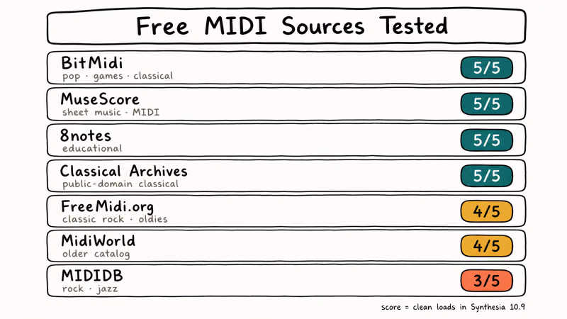 Sketched ranking card comparing seven free MIDI libraries with load scores tested in Synthesia.