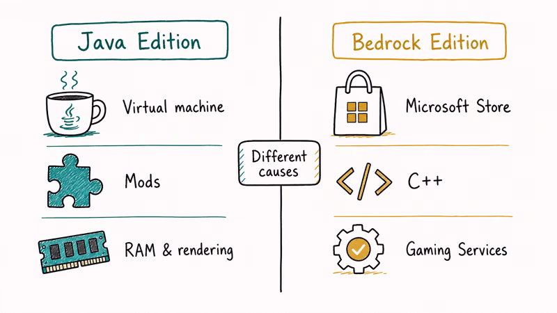 Two columns comparing Java and Bedrock Minecraft crash causes side by side