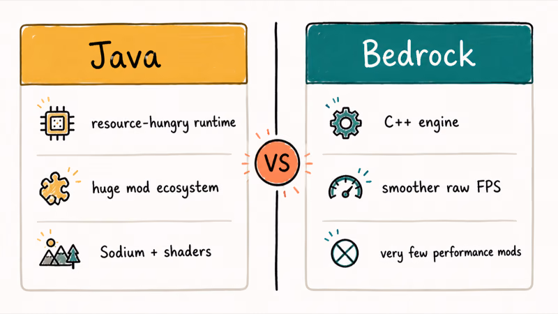 Side by side comparison of Minecraft Java versus Bedrock weighing raw performance against mod support