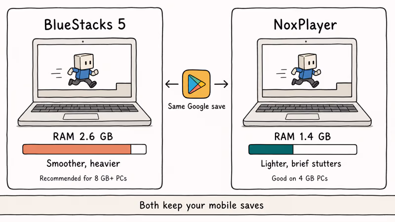 BlueStacks and NoxPlayer comparison with RAM usage badges