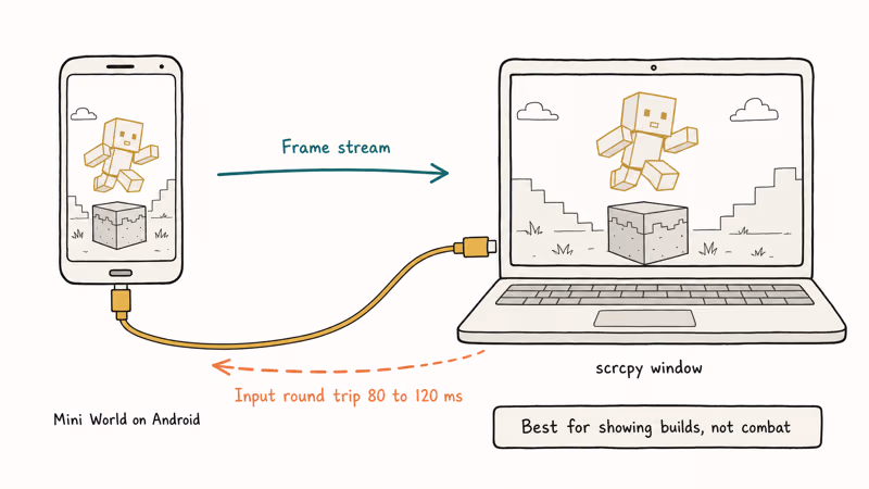 Phone to PC scrcpy mirroring diagram showing input lag loop