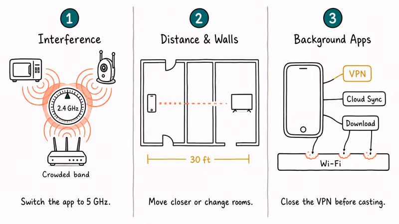 Three-column infographic of Miracast dropout causes interference, walls, and background apps