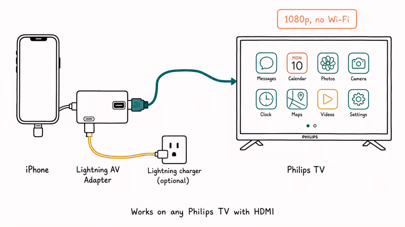 iPhone connects through Lightning HDMI adapter and charger to Philips TV