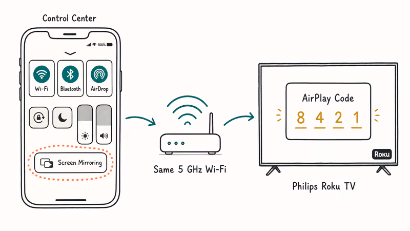 iPhone Control Center connects through home Wi-Fi to Philips Roku TV passcode