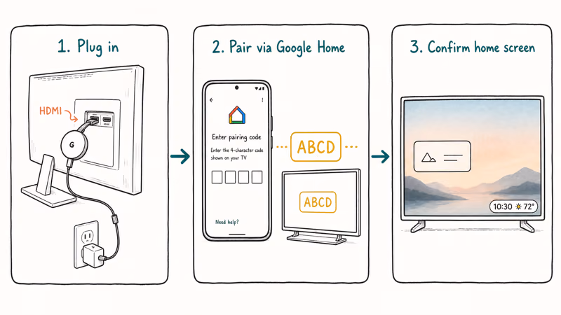 Three-panel flowchart of Chromecast setup steps from plug-in through Google Home pairing to home screen