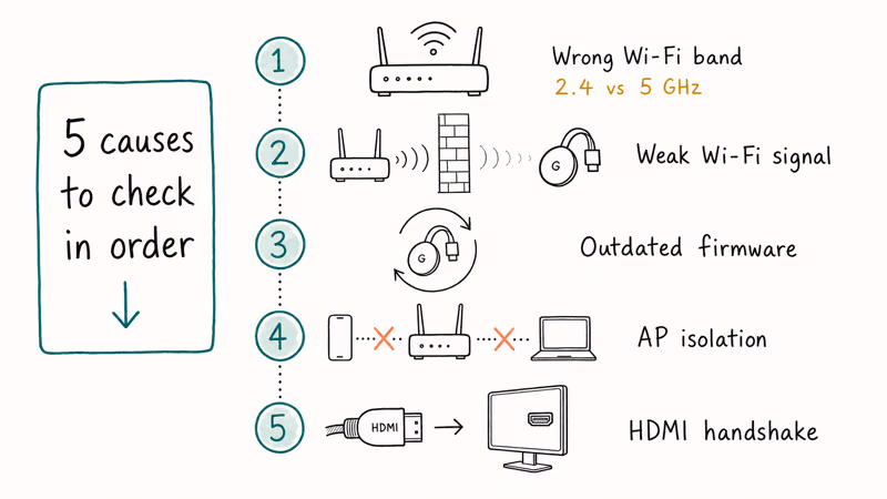 Vertical checklist showing five common Chromecast failures from Wi-Fi band to HDMI handshake issues