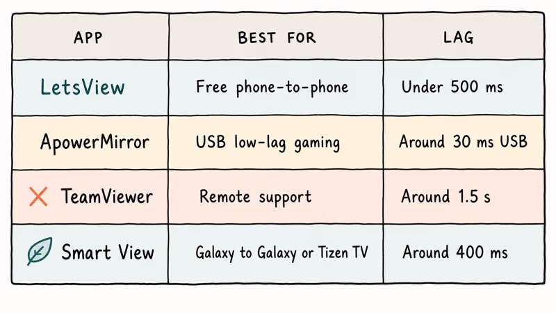 LetsView, ApowerMirror, TeamViewer, and Smart View compared by use case